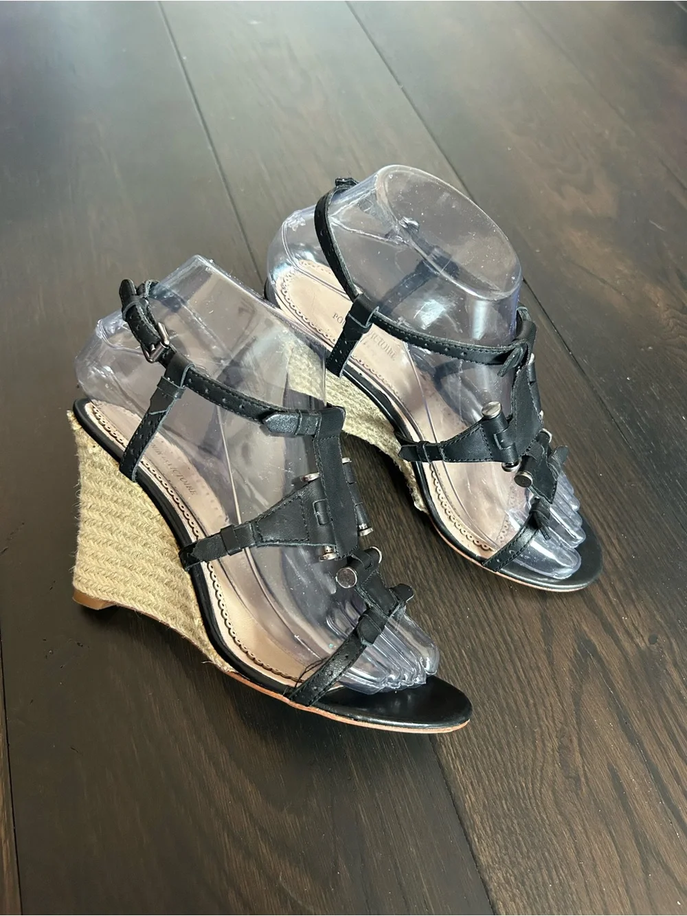 Pour La Victoire Betsy Black Leather Espadrille Wedge Sandals Size 6